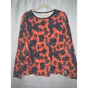 HANG TEN Gray Orange‎ Long Sleeve Swim Surf Top Rash Guard Stretch Floral Sz XL